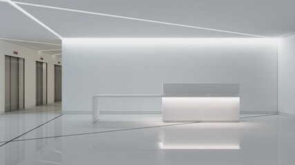 Reception in a white room. 3 D rendering, illustration