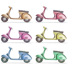 A collection of colorful vintage scooters in watercolor illustrations