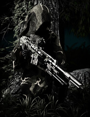 A camouflaged military sniper waits silently in thick forest terrain . 3d rendering
 - obrazy, fototapety, plakaty