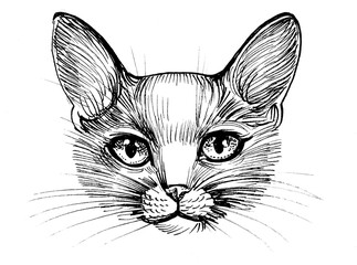 Cat head. Ink black and white drawing