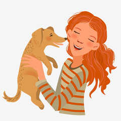 Cute girl with funny dog. Portrait of a beautiful child with little pet