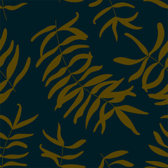 Fototapeta na wymiar Floral seamless pattern with dark yellow leaves in dark blue background. Vector illustration