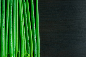 Fresh green onions with water drops on black wooden background close-up. Contrasting image of the bow feathers with copy space. Benefits of organic products.