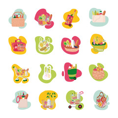 bundle of groceries set icons