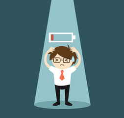Business concept, Businessman in the spotlight feeling frustrated and low battery. Vector illustration.