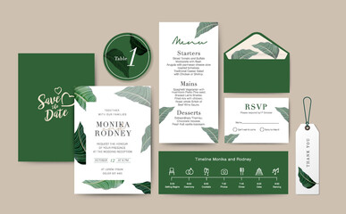 Set of Wedding Card template Background. For Invitation, menu, Thank you, Decoration with leaf & floral flower watercolor style. Timeline with icon thin style. Vector illustration. Green Color
