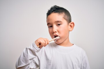Young little kid boy brushing her teeth using tooth brush and oral paste, cleaning teeth and tongue as healthy health care morning routine. Learning dental education