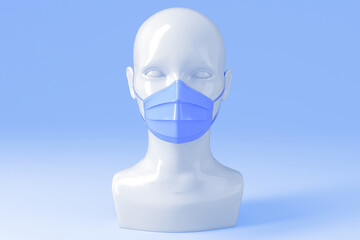 Medical concept.Women's shiny fashionable head in a medical mask on a blue background. 3D stock illustration.