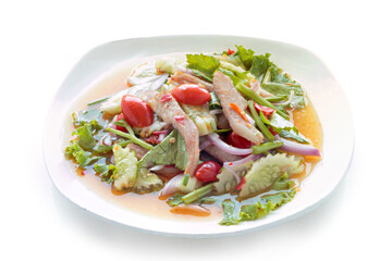 Grilled Pork Neck Salad Thai food served. Hot and Spicy Slice grilled pork menu Asian food isolated on white background. With clipping path.