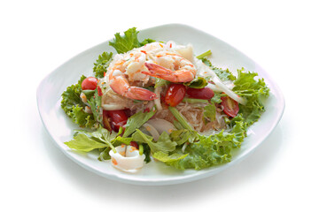 Thai Spicy Seafood Salad with vermicelli or ,yam wun sen, in Thai isolated on white background. With clipping path.