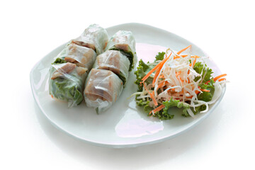 Fresh summer rolls with pork and vetgetables,Vietnamese food for healthy food concept. Vietnamese food in Thailand isolated on white background. With clipping path.