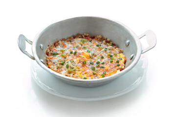 Pan-fried egg with toppings in homemade Thai style. Vietnamese food in Thailand isolated on white background. With clipping path.