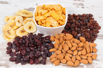 Ingredients or products as source carbohydrates, vitamins and dietary fiber, healthy and nutritious eating concept