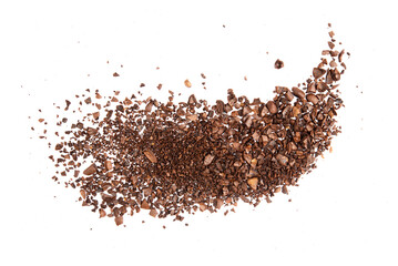 Coffee bean craked crushed splash isolated on white background top view