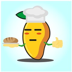 Cute mango baker cartoon face character with hat and bread image design