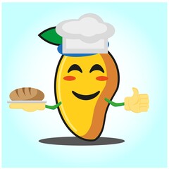Cute mango baker cartoon face character with hat and bread image design
