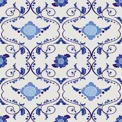Thai vintage Porcelain flower with indigo blue tone seamless pattern vector 