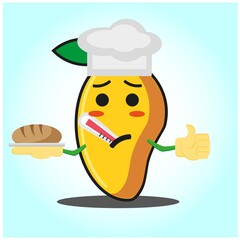 Cute mango baker cartoon face character with hat and bread image design
