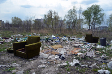 Spring landscape.Ecology of Ukraine. Nature near Ukrainian capital. Environmental contamination. Illegal junk dump. . Kiev,Ukraine