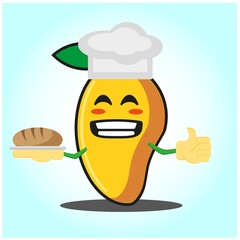 Cute mango baker cartoon face character with hat and bread image design