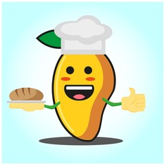 Cute mango baker cartoon face character with hat and bread image design