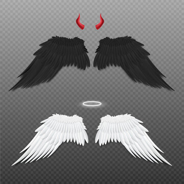 Angel and devil wings, nimbus and horns realistic vector illustration isolated.