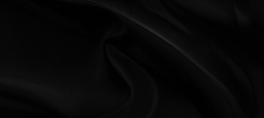 Black gray satin dark fabric texture luxurious shiny that is abstract silk cloth panorama background with patterns soft waves blur beautiful.