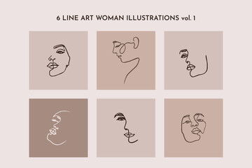 One Line drawing of set Woman's Face. Continuous line Portrait of a girl In a Modern Minimalist Style. Vector