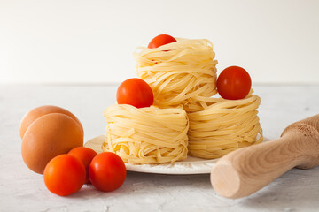 paste and eggs on a table, selective focus