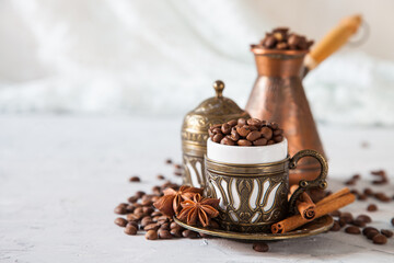 coffee in cups on a table, selective focus