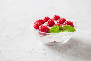 muesli, cottage cheese and raspberry in a bowl on a table, selective focus