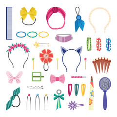 Girly hair accessories, isolated set of cute hairstyle decorations