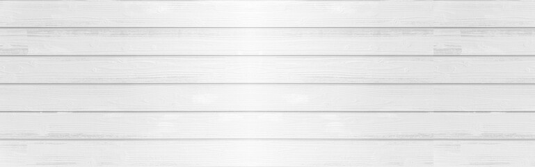 Panorama of Empty white plank panel wood wall surface texture for background or decoration design.