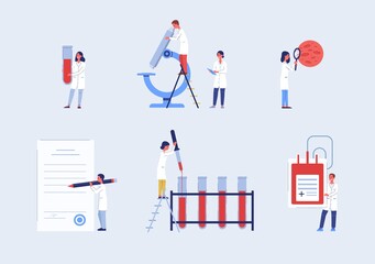Doctors doing laboratory research of blood, flat vector illustration isolated