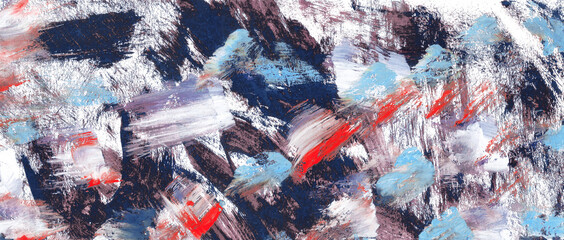 Bright multi-colored original semi-abstract oil painting closeup. Whirlwind swabs. White, blue and red. Abstract paints hand drawn.