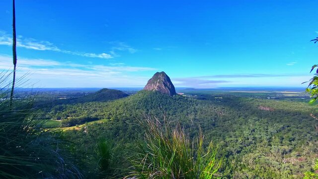 Awesome digital zoom view of Mount Tibrogargan from Mount Tibberoowuccum summit on a sunny day