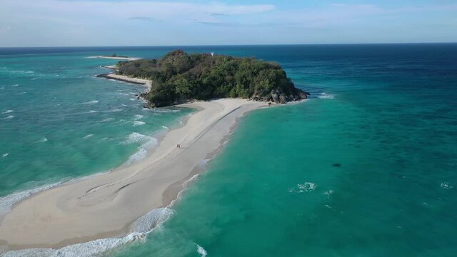 Tropical Paradise of Philippines. Drone Aerial View of Exotic Cresta de Gallo Island, Sandbar and Turquoise Sea