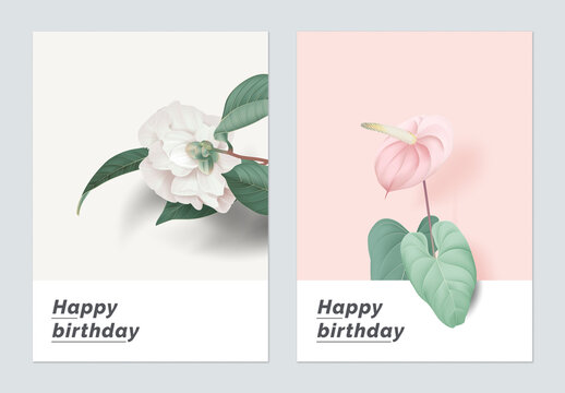 Minimalist botanical birthday card template design, Semi-double Camellia and Anthurium flower