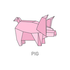 Pink origami pig folded from paper, isolated farm animal geometric shape