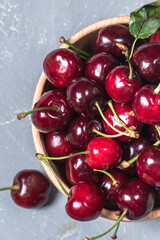 Fresh cherries in bowl on table