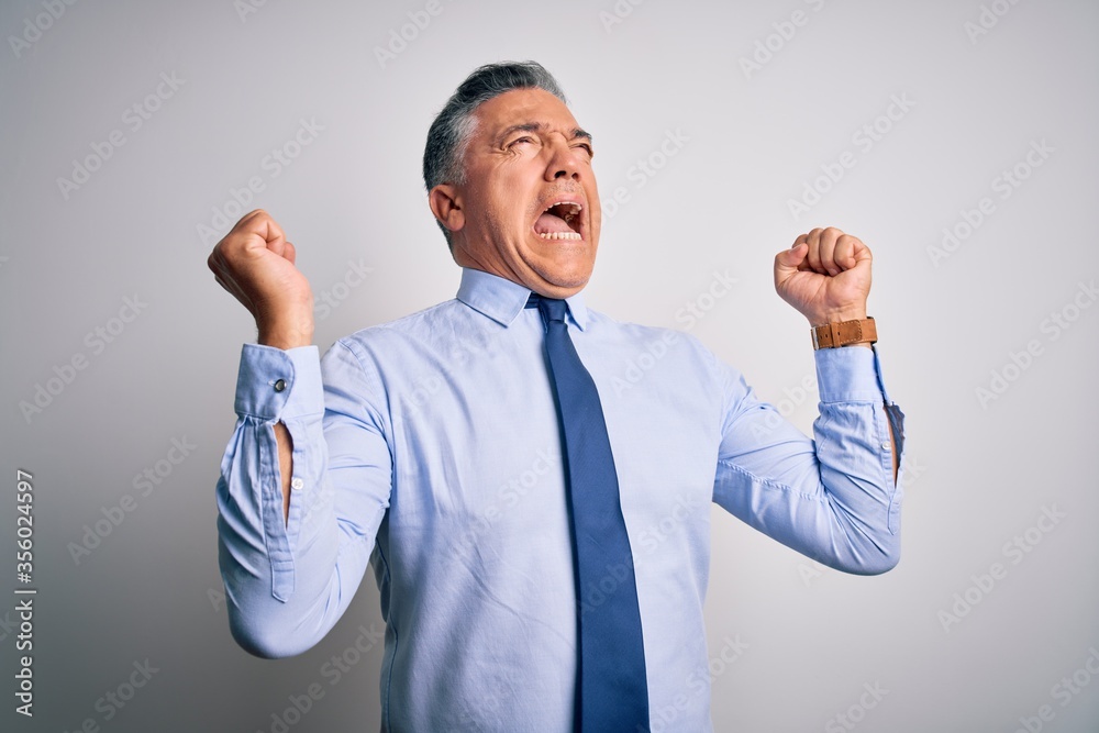 Sticker middle age handsome grey-haired business man wearing elegant shirt and tie crazy and mad shouting an