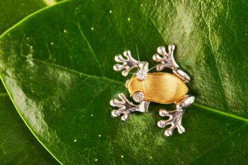 Pendant in white and yellow gold in the shape of a frog with diamonds on green leaves.