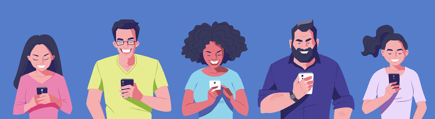 Group of people with smartphones. Men and women holding mobile phone in hands. Online communication concept banner. Vector character illustration.