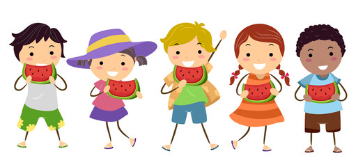 Stickman Kids Eating Watermelon Day Illustration