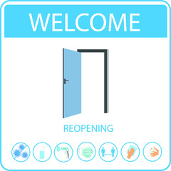 REOPENING text and practical prevention tips for the prevention of COVID19 coronavirus contamination. Service, restaurant, shop and cafe re-opening. Template: door sign, banner, blog.