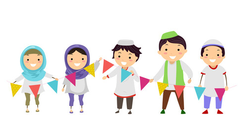 Fototapeta premium Stickman Kids Muslim Hold Buntings Illustration