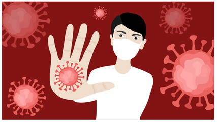 Man raising hand to stop COVID-19 coronavirus outbreak vector illustration. COVID-19 design concept background