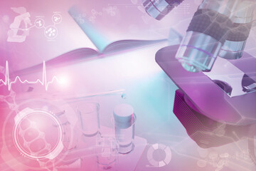 medical study texture, conceptual medical 3D illustration - test tubes and microscope in clinic