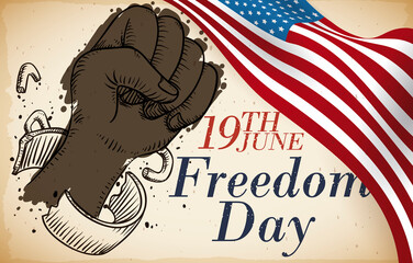 Scroll with U.S.A. Flag and Shackled Fist Drawing for Freedom Day, Vector Illustration