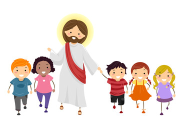 Stickman Kids Walk With Jesus Illustration